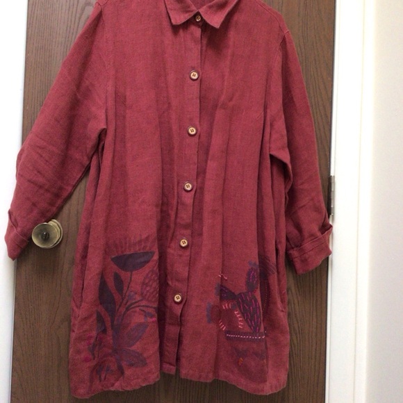 Gudrun Sjoden Red Tunic with Purple Accents, 100% linen, embroidered, sz L - Picture 13 of 13